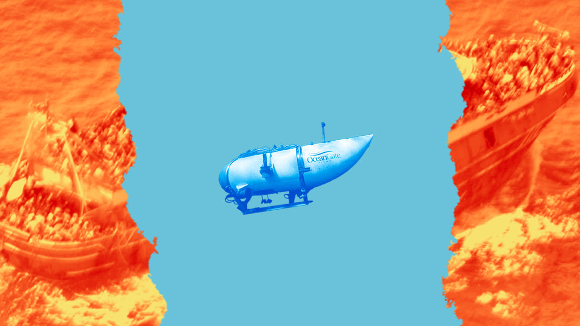A photo illustration shows an image of the Titan submersible in the middle of a torn image of a ship packed with people.