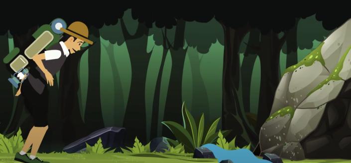 Animation of a hiker encountering water and shelter.
