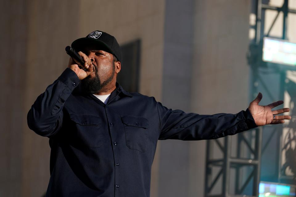 Rapper Ice Cube performs during a NASCAR exhibition auto race at Los Angeles Memorial Coliseum, Sunday, Feb. 6, 2022, in Los Angeles. (AP Photo/Marcio Jose Sanchez)