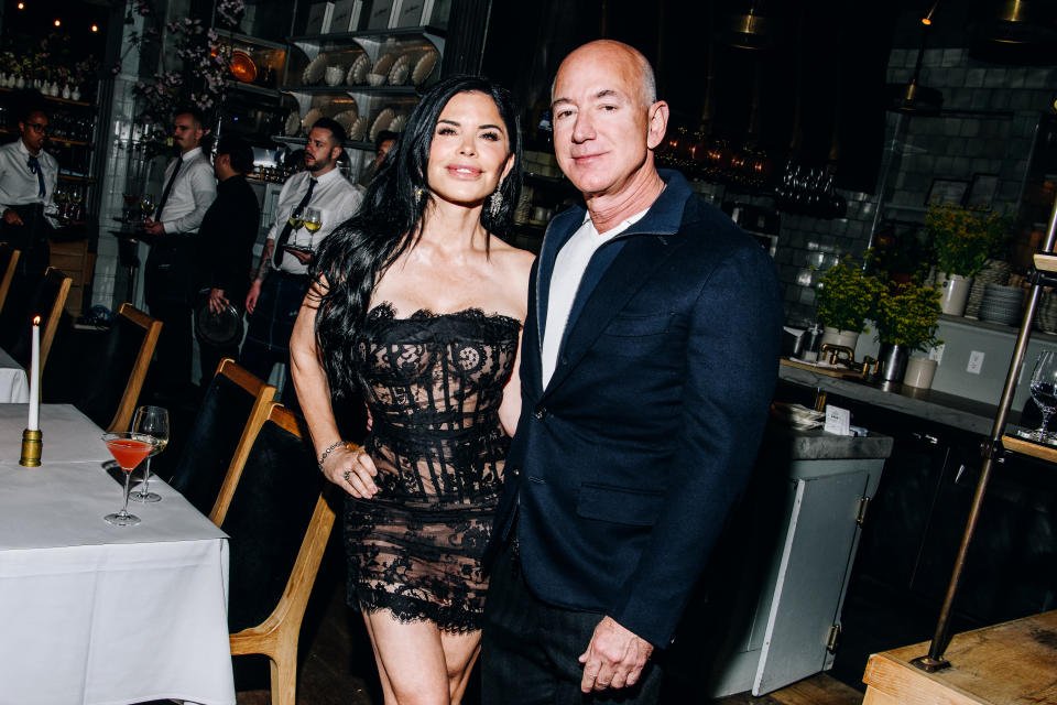 Lauren Sanchez and Jeff Bezos at the Monse Maison Pre-Met Cocktail Celebration held at La Mercerie on May 5, 2024 in New York, New York.