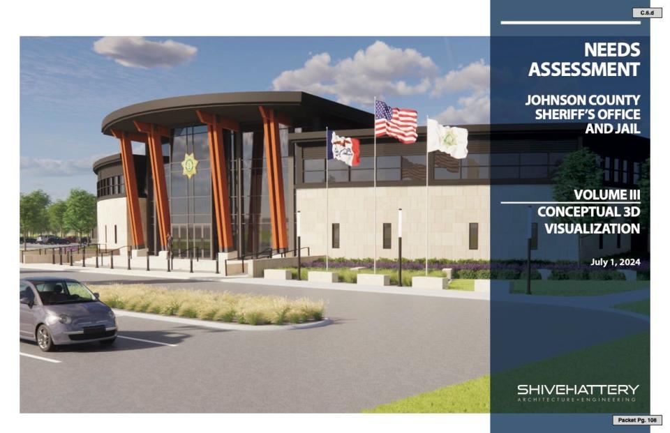 An exterior rendering of the future Johnson County Jail, dated July 1, 2024, will be presented to the Johnson County Board of Supervisors as part of a Sheriff's Office Needs Assessment on July 10, 2024.
