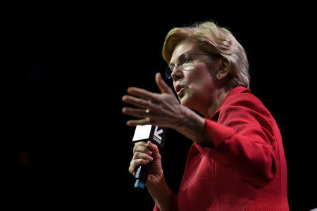 FILE PHOTO - U.S. Senator Elizabeth Warren speaks about her policy ideas with Anand Giridharadas at the South by Southwest (SXSW) conference and festivals in Austin, Texas, U.S., March 9, 2019. REUTERS/Sergio Flores