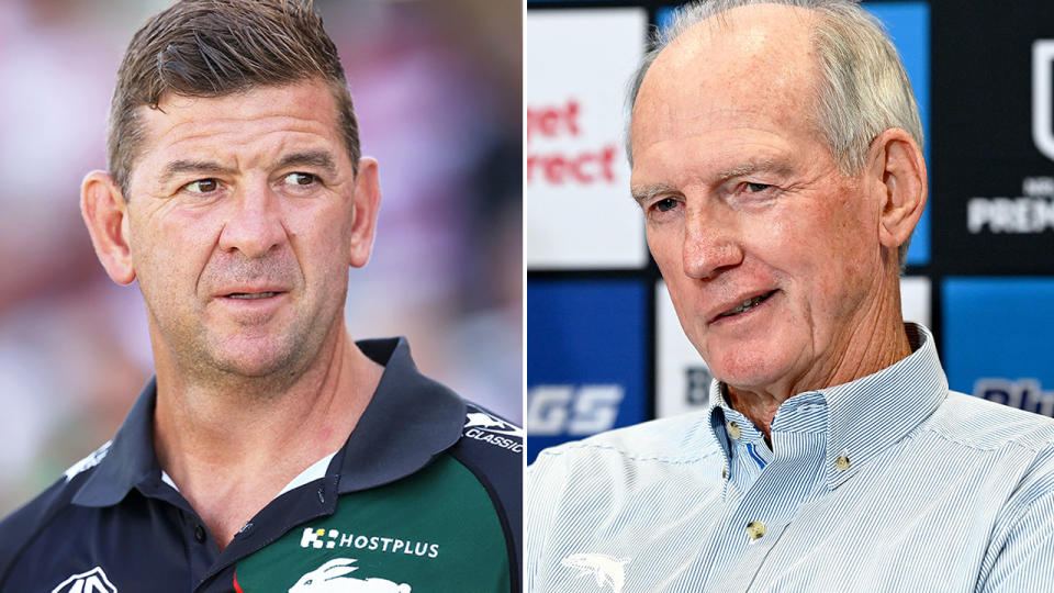 On the right is master NRL coach Wayne Bennett and his former apprentice Jason Demetriou on the left.