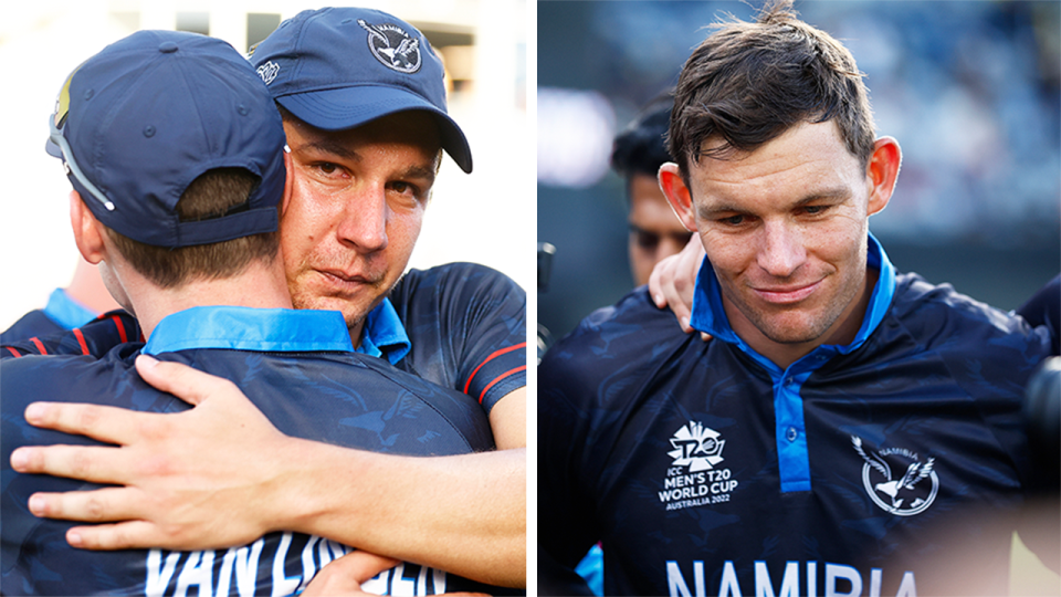 Namibia player Gerhard Erasmus (pictured right) emotional after the T20 match and (pictured left) JJ Smit embracing a teammate.