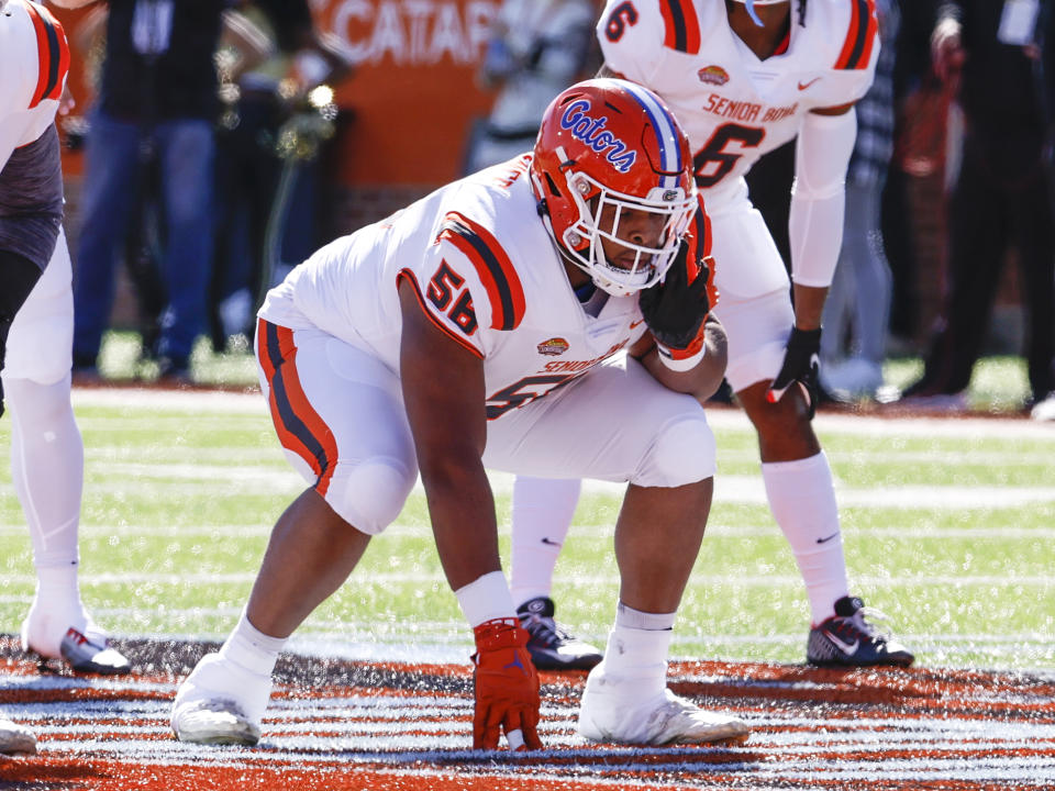 MOBILE, AL - FEBRUARY 04: Guard O'Cyrus Torrence #56 of the Florida Florida Gators from the American Team during the 2023 Resse's Senior Bowl at Hancock Whitney Stadium on the campus of the University of South Alabama on February 4, 2023 in Mobile, Alabama. The National defeated the American 27 to 10. (Photo by Don Juan Moore/Getty Images)