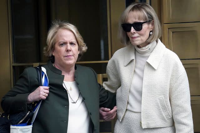 <p>AP Photo/Bebeto Matthews</p> Former advice columnist E. Jean Carroll (right) leaves federal court with her lawyer Roberta Kaplan in April 2023