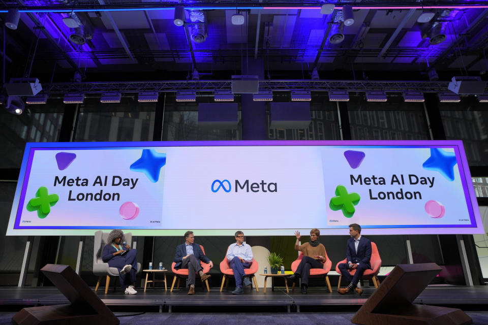 FILE - A panel, moderated by Dr Anne-Marie Imafidon, left, with Meta's Nick Clegg, President Global Affairs, second left, Yann LeCun, Chief AI Scientist, center, Joelle Pineau, VP AI Research, second right, and Chris Cox, Chief Product Officer, right, is held at the Meta AI Day in London, April 9, 2024. Meta, Google and OpenAI, along with leading startups, are churning out new AI language models and trying to persuade customers that they've got the smartest or fastest or cheapest chatbot technology. (AP Photo/Kirsty Wigglesworth, File)