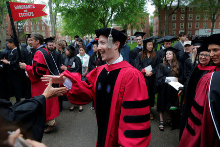 Facebook founder Mark Zuckerberg greets graduating students before receiving an honorary Doctor of Laws degree during the 366th Commencement Exercises at Harvard University in Cambridge, Massachusetts, U.S., May 25, 2017. REUTERS/Brian Snyder