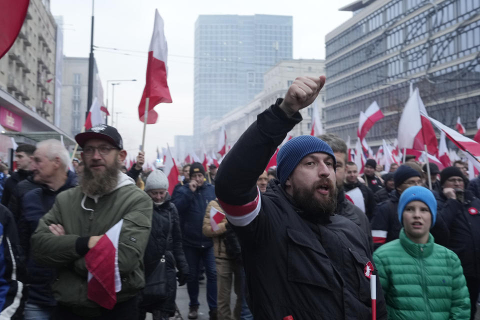 People take part in a yearly march on Poland's Independence Day holiday in Warsaw, Poland, on Saturday, Nov. 11, 2023. The Independence Day holiday celebrates the restoration of Poland's national sovereignty in 1918, at the end of World War I and after 123 years of foreign rule. (AP Photo/Czarek Sokolowski)