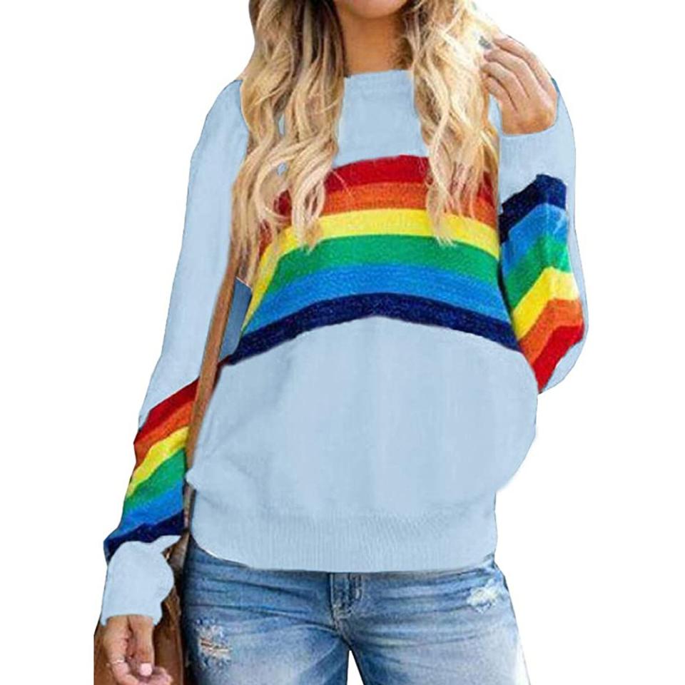 Ferrtye Womens Rainbow Pullover Sweaters Lightweight Long Sleeve Crew Neck Loose Knit Sweater