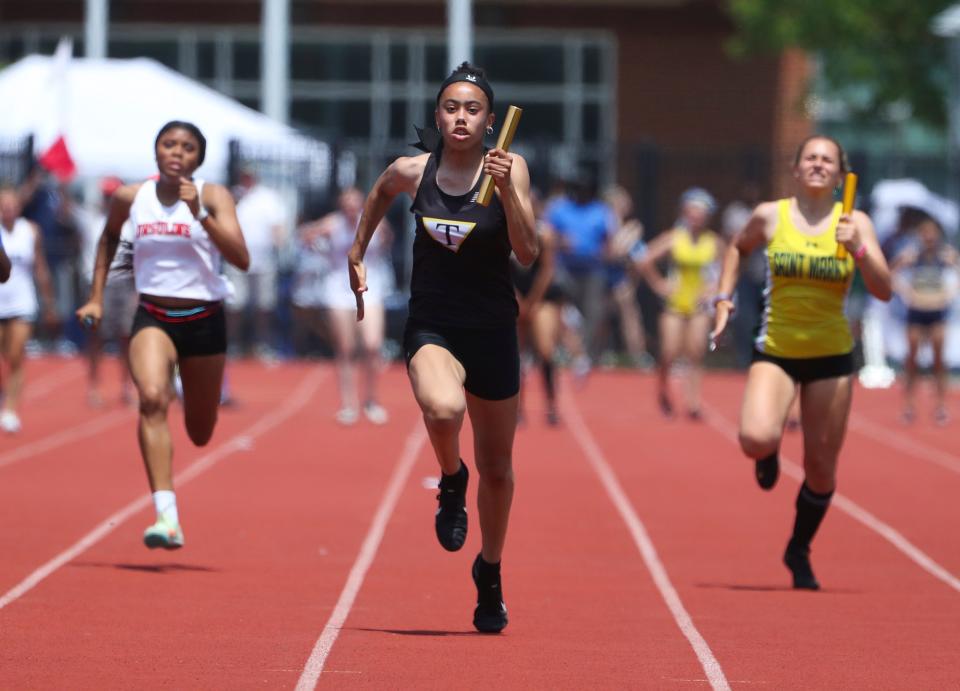 Tatnall's Arianna Montgomery anchors her team's Division II 4x100 meter relay win during the DIAA state high school track and field championships Saturday, May 21, 2022 at Dover High School.