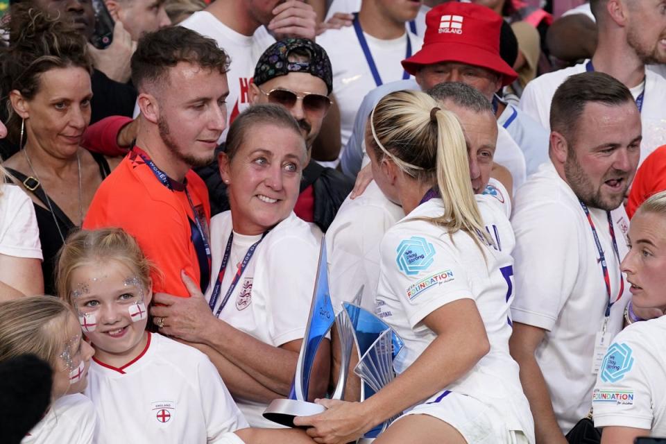 England’s Beth Mead celebrates with friends and family in the stands following the UEFA Women’s Euro 2022 final at Wembley Stadium, London. Picture date: Sunday July 31, 2022. (PA Wire)