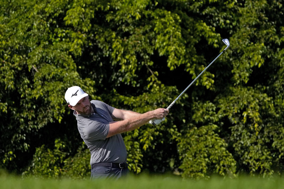 Grayson Murray hits from the 15th tee during the third round of the Sony Open golf event, Saturday, Jan. 13, 2024, at Waialae Country Club in Honolulu. (AP Photo/Matt York)