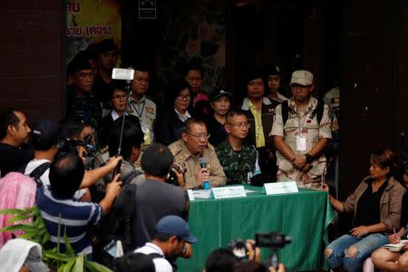 Narongsak Osottanakorn, governor of Chiang Rai province, addresses journalists near Tham Luang cave complex, as members of an under-16 soccer team and their coach have been found alive according to a local media report, in the northern province of Chiang Rai, Thailand, July 3, 2018. REUTERS/Soe Zeya Tun