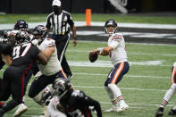 Chicago Bears quarterback Mitchell Trubisky (10) works against the Atlanta Falcons during the first half of an NFL football game, Sunday, Sept. 27, 2020, in Atlanta. (AP Photo/Brynn Anderson)