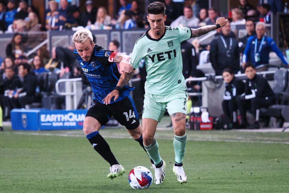 San Jose midfielder Jackson Yueill, left, battles Austin FC midfielder Emiliano Rigoni for the ball in the second half of the regular-season finale Saturday night. The game ended in a 1-1 draw.