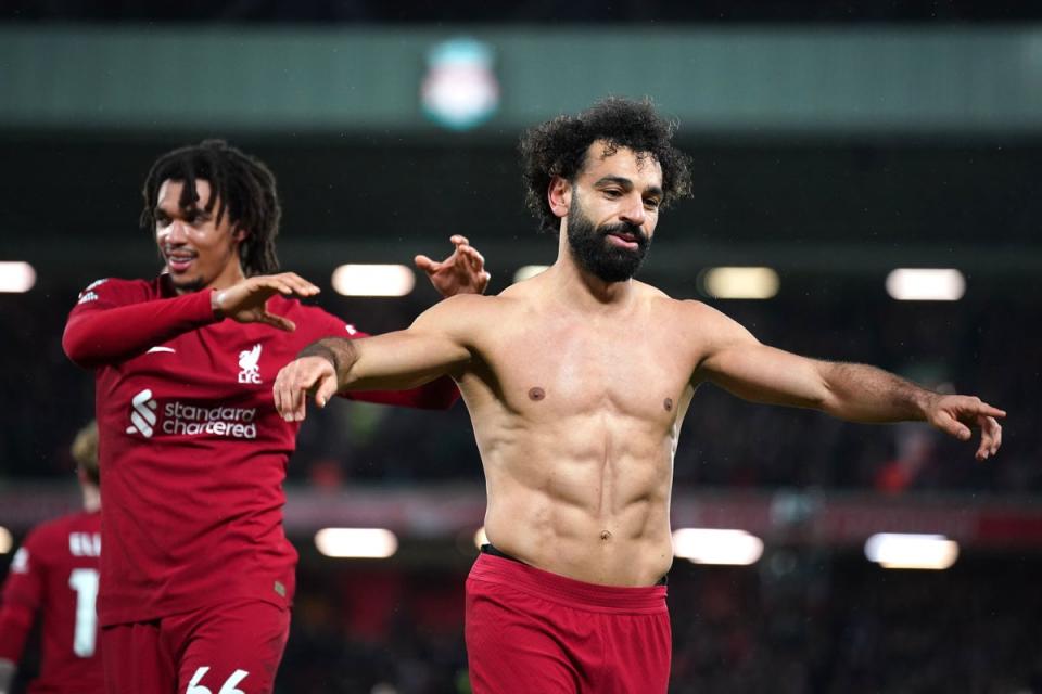 Mohamed Salah celebrates Liverpool’s sixth goal against Manchester United (Peter Byrne/PA) (PA Wire)
