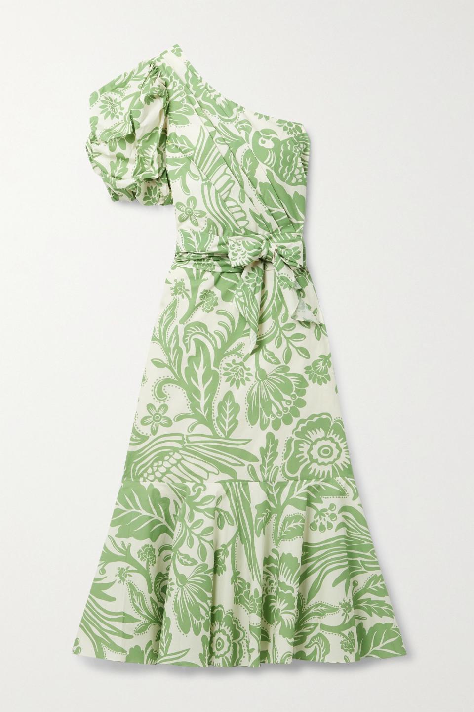 1) Orchid Dance one-sleeve floral-print cotton-poplin dress