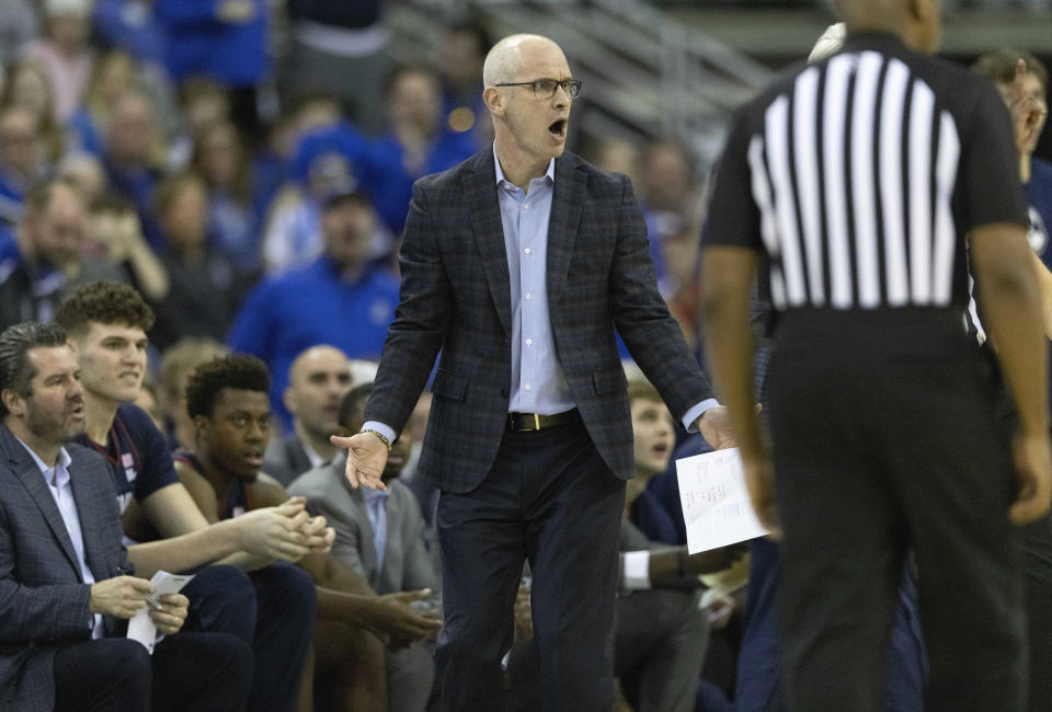 UConn head coach Dan Hurley disputes a foul called on his team as they play against Creighton during the first half of an NCAA college basketball game on Saturday, Feb. 11, 2023, in Omaha, Neb. (AP Photo/Rebecca S. Gratz)