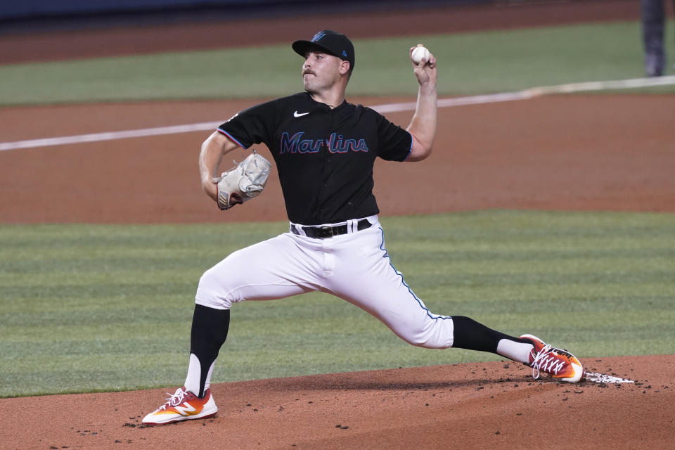 Miami Marlins pitcher Daniel Castano throws a pitch during the first inning of a baseball game against the San Francisco Giants, Friday, April 16, 2021, in Miami. (AP Photo/Marta Lavandier)