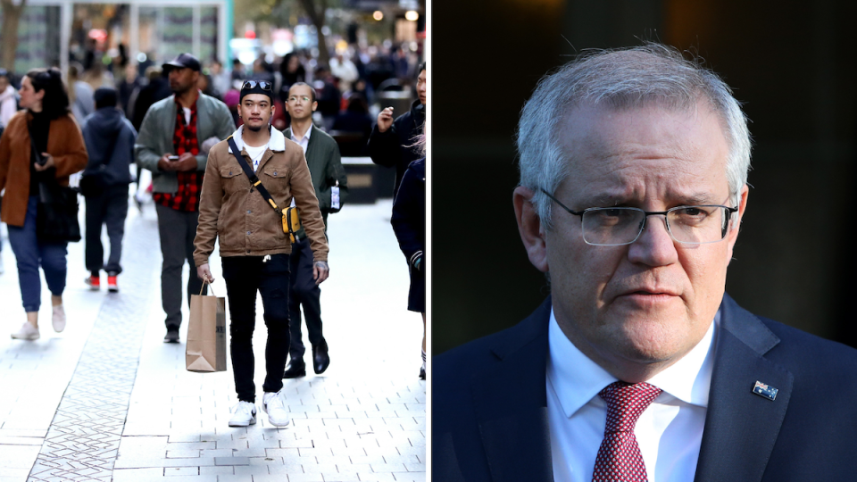 Composite image of Scott Morrison, and pedestrians on the street looking for jobs.