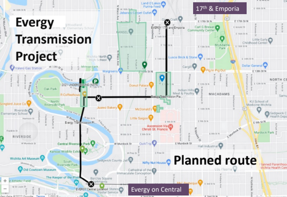 This was the planned route for Evergy’s transmission line rebuild in Wichita’s Riverside and Midland neighborhoods. The company now says it plans to “evaluate some other options” before moving forward.