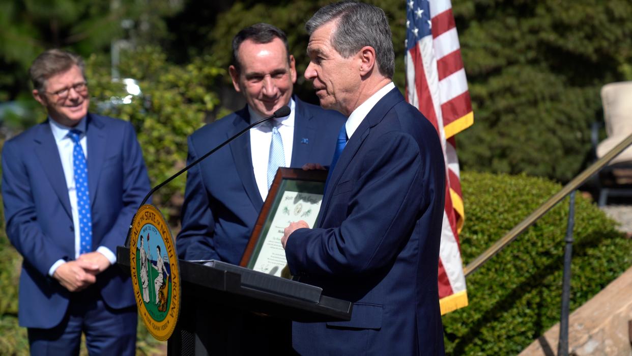 Governor Roy Cooper presented former Duke coach Mike Krzyzewski with the Order of the Long Leaf Pine, the state’s highest honorary society.