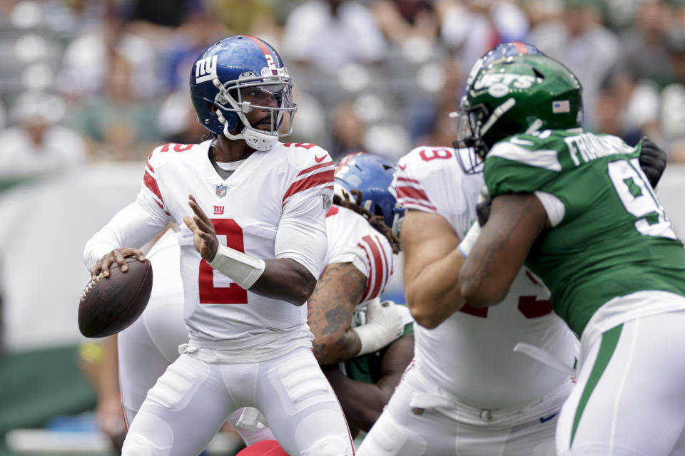 New York Giants quarterback Tyrod Taylor (2) looks to pass in the first half of a preseason NFL football game against the New York Jets, Sunday, Aug. 28, 2022, in East Rutherford, N.J. (AP Photo/Adam Hunger)