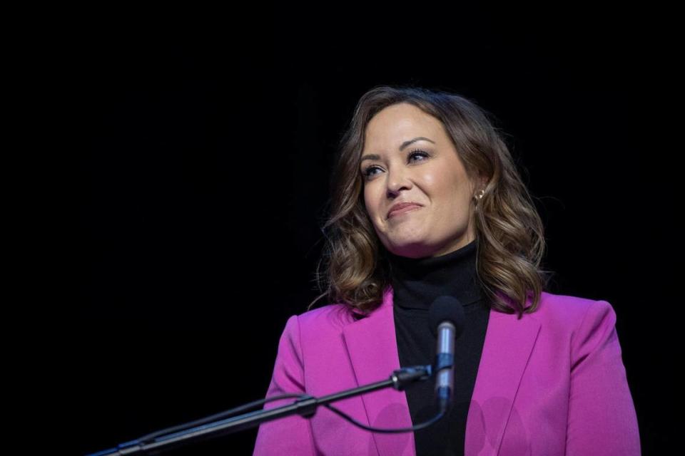 Kentucky Lt. Gov. Jacqueline Coleman speaks during an election night watch party at Old Forester’s Paristown Hall in Louisville, Ky., on Tuesday, Nov. 7, 2023.