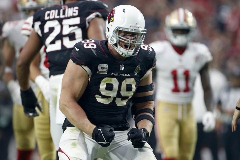 Arizona Cardinals defensive end J.J. Watt (99) celebrates a defensive stop against the San Francisco 49ers during the second half of an NFL football game, Sunday, Oct. 10, 2021, in Glendale, Ariz. (AP Photo/Ralph Freso)