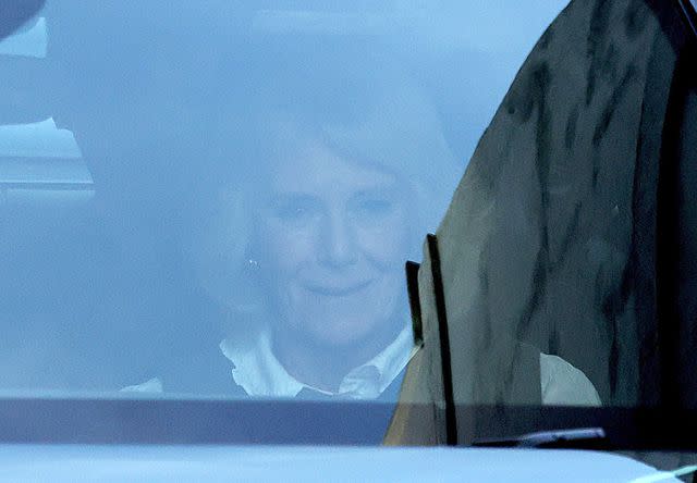 <p>NEIL HALL/EPA-EFE/Shutterstock</p> Queen Camilla appears outside of the London Clinic on Saturday