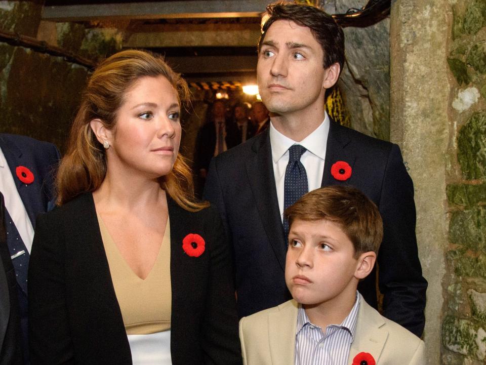 Justin Trudeau, Sophie Gregoire Trudeau, and their son Xavier on April 9, 2017 in Vimy, France