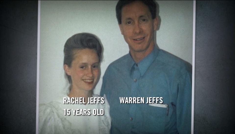 A photo of Rachel Jeffs, in a white dress and voluminous hairstyle, posing with father Warren Jeffs, in a blue shirt, from when Rachel was 15 years old.