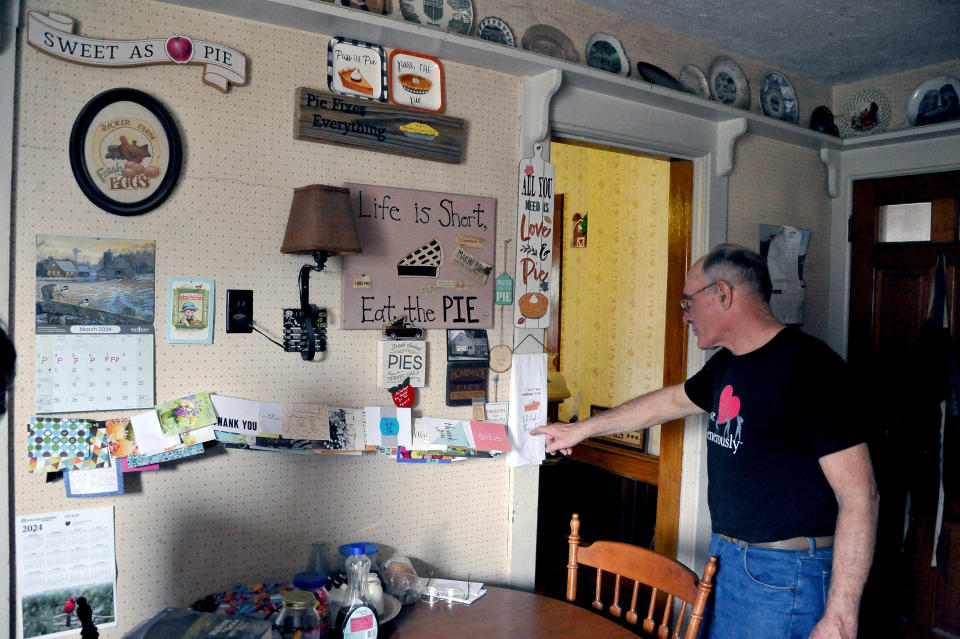 Dan Bicker has a wall in his kitchen full of cards, thank you notes and other items people have given him over the years. It took him three to five years to perfect his wife's recipe, called "foolproof pie crust," he said, pointing out, the pie crust is what makes it unique.