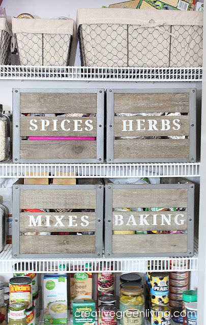 pantry organization ideas like stenciled crates