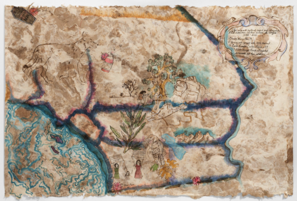 Sandy Rodriguez, winner of the 2023 Hermitage Greenfield Prize in visual art, creates painted maps that capture the history and culture of a place, like her piece "The Migrants Captured, Caged and Abused in ICE Detention Centers in Southern California.