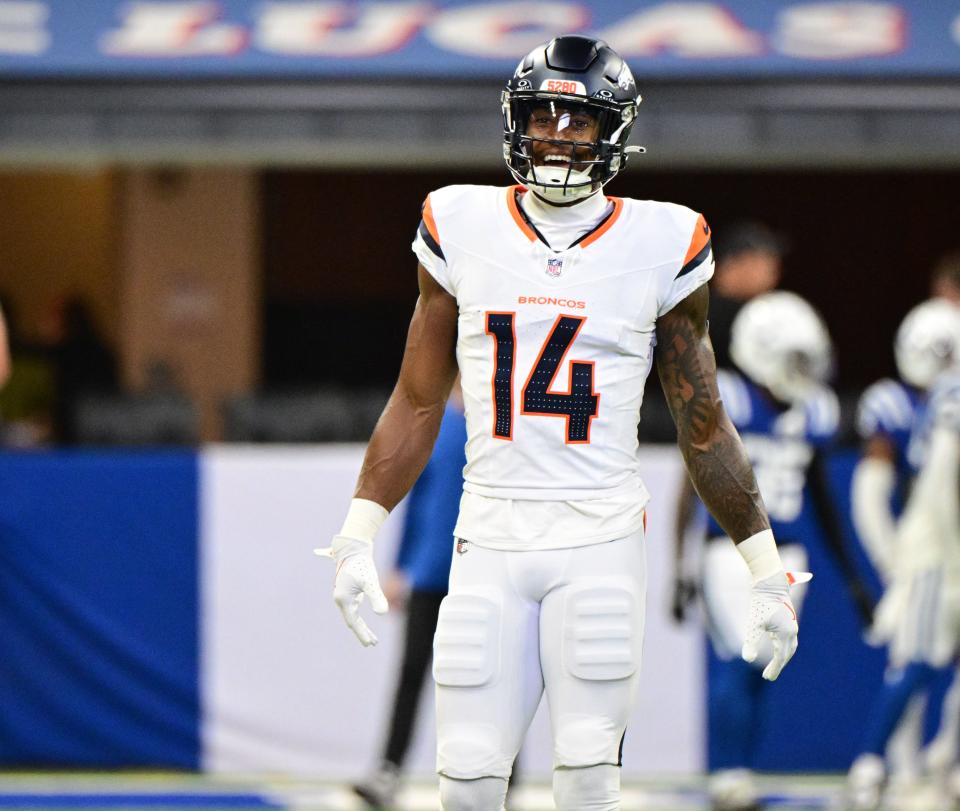 Aug 11, 2024; Indianapolis, Indiana, USA; Denver Broncos wide receiver Courtland Sutton (14) smiles during warm ups before the game against the Indianapolis Colts at Lucas Oil Stadium. Mandatory Credit: Marc Lebryk-USA TODAY Sports