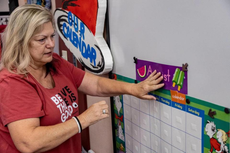 Denise Soufrine decorates her kindergarten classroom as she prepares for the upcoming school year at Pembroke Pines Elementary. Classes for Broward County public school students start Tuesday, Aug. 16.