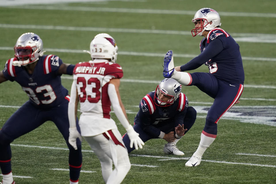 New England Patriots kicker Nick Folk kicks a game-winning field goal as time expires in an NFL football game against the Arizona Cardinals, Sunday, Nov. 29, 2020, in Foxborough, Mass. (AP Photo/Elise Amendola)