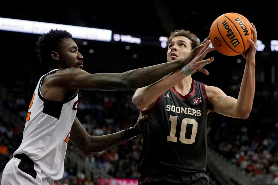 Oklahoma forward Sam Godwin (10) looks to shoot under pressure from Oklahoma State forward Kalib Boone, left, during the first half of an NCAA college basketball game in the first round of the Big 12 Conference tournament Wednesday, March 8, 2023, in Kansas City, Mo. (AP Photo/Charlie Riedel)