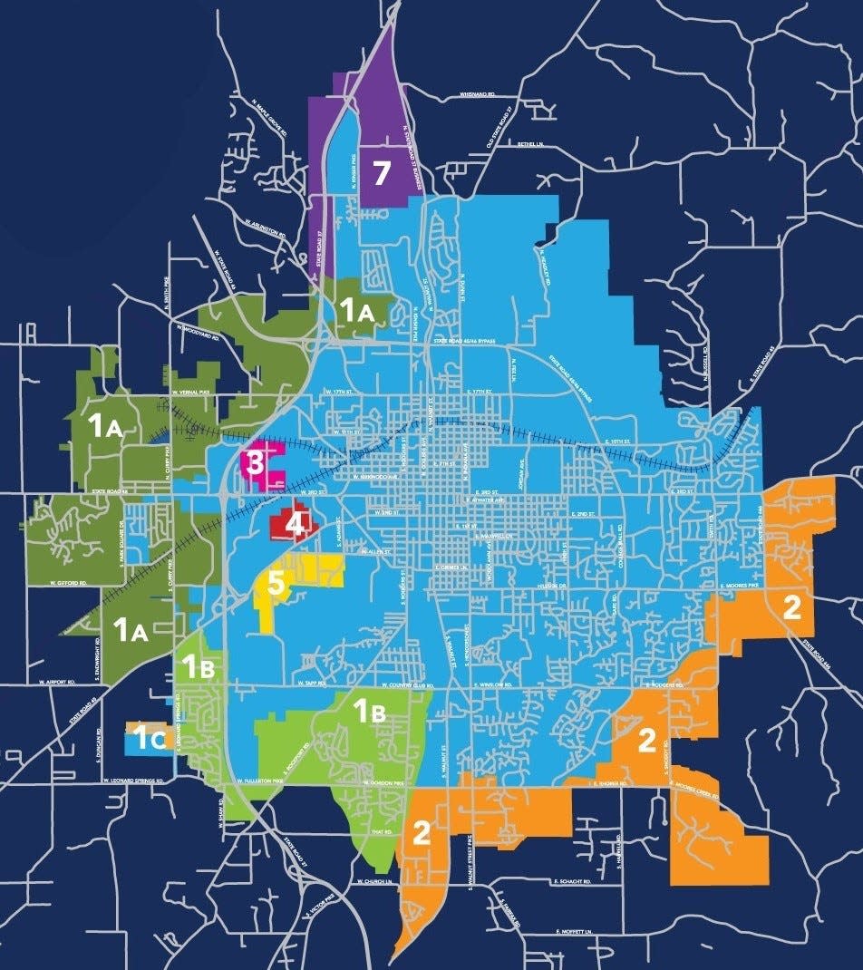 Bloomington's current incorporated area is in light blue. Areas targeted for annexation surround it. Area 7 was dropped from the annexation plan in 2021.