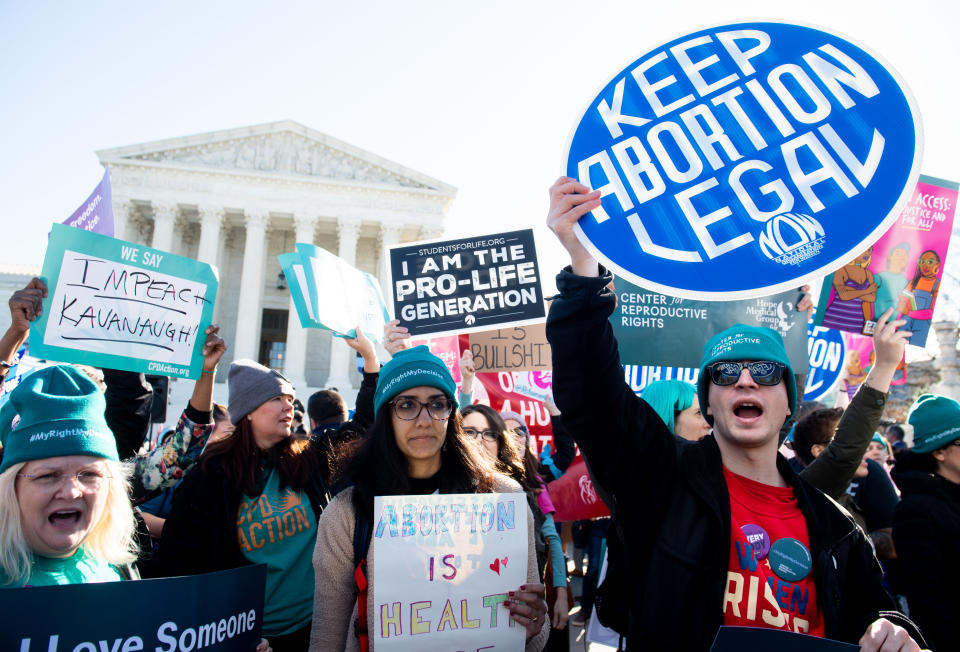 Pro-choice activists protest during a demonstration outside the Supreme Court in Washington, D.C. in March. (Photo by Saul Loeb/AFP via Getty Images)