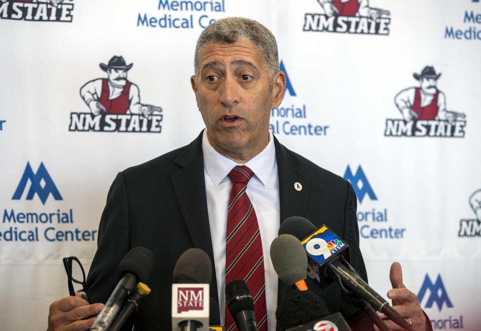 New Mexico State athletic director Mario Moccia speaks during a news conference Wednesday, Feb. 15, 2023, in Las Cruces, N.M. When university Chancellor Dan Arvizu dismantled basketball for the season, he went out of his way to back Moccia, who is in his 10th year as AD. (AP Photo/Andrés Leighton)