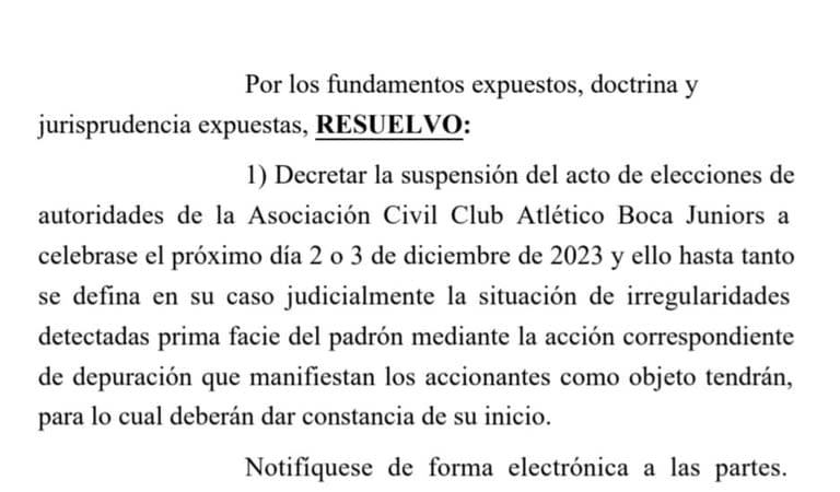 La decisión judicial que deja sin efecto las elecciones en Boca para este fin de semana