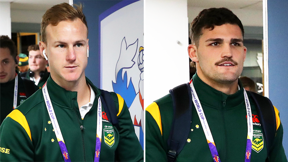 Nathan Cleary (pictured right) walking and Daly Cherry-Evans (pictured left) before a game.