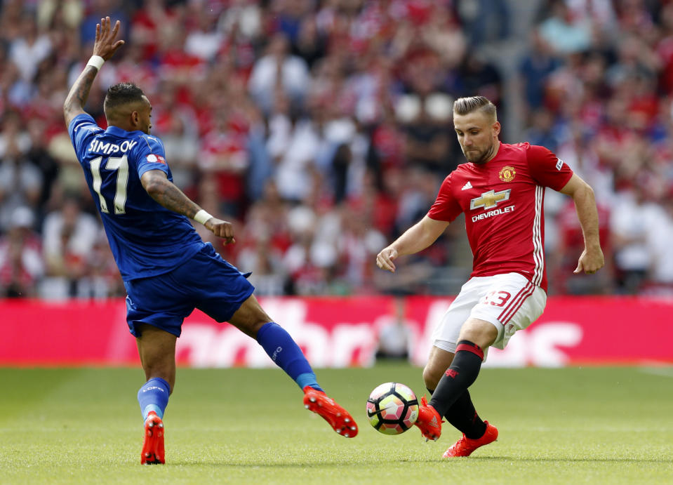 Football Soccer Britain - Leicester City v Manchester United - FA Community Shield - Wembley Stadium - 7/8/16 Manchester United's Luke Shaw in action with Leicester City's Danny Simpson Action Images via Reuters / John Sibley Livepic EDITORIAL USE ONLY. No use with unauthorized audio, video, data, fixture lists, club/league logos or "live" services. Online in-match use limited to 45 images, no video emulation. No use in betting, games or single club/league/player publications. Please contact your account representative for further details.