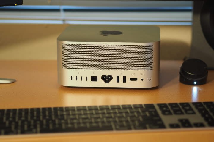 Apple Mac Studio rear view showing ports and vent.