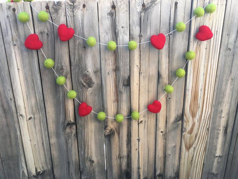 Heart Christmas Holiday Felt Ball Garland, Pom Pom Garland, Nursery Decor, Bunting Banner, Party Decor