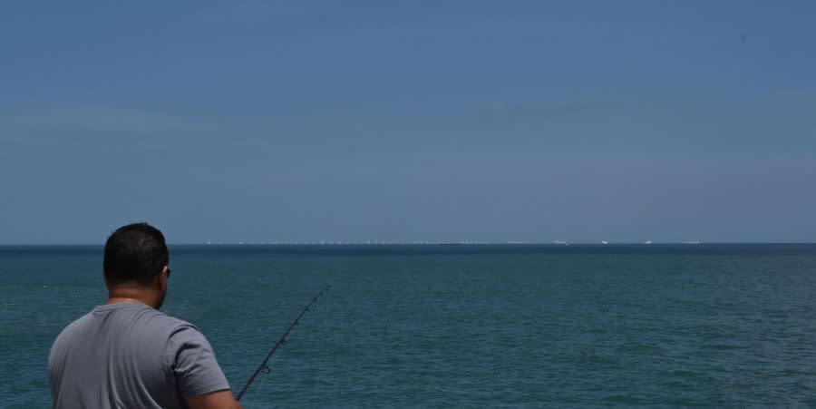 A visualization created to show what the view of the 176 wind turbines could look like from the Virginia Beach Fishing Pier (Courtesy: Bureau of Ocean Energy Management)