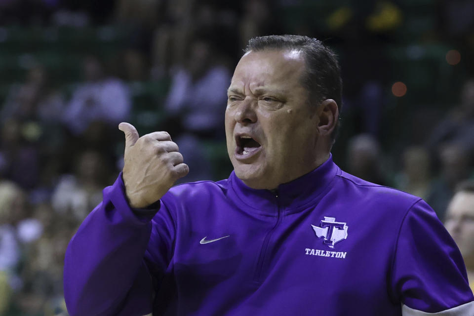 Tarleton State head coach Billy Gillispie reacts to a play in the first half of an NCAA college basketball game against Baylor, Tuesday, Dec. 6, 2022, in Waco, Texas. (AP Photo/Rod Aydelotte)